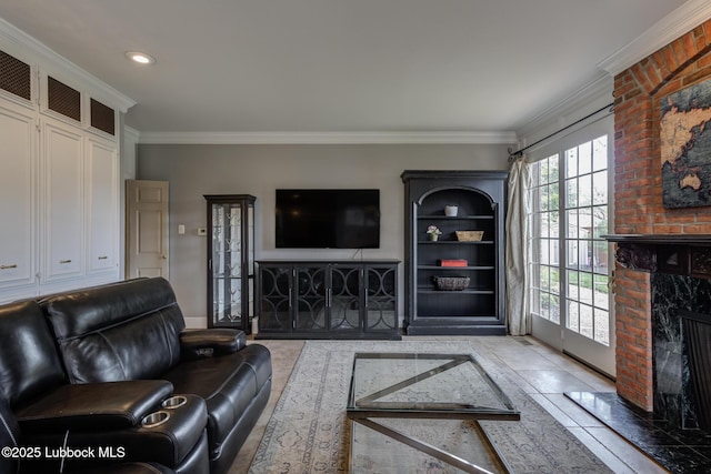 4204 89th St, Lubbock, TX 79423 - tiled living room with a brick fireplace, ornamental molding, and recessed lighting