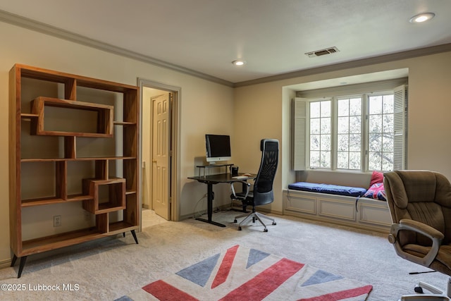 4204 89th St, Lubbock, TX 79423 - carpeted office featuring ornamental molding, recessed lighting, and baseboards