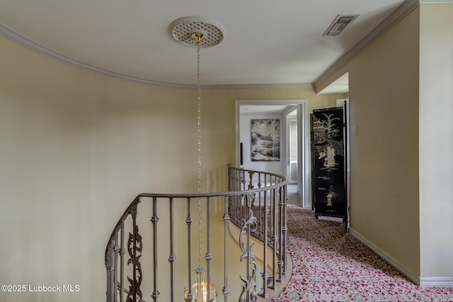4204 89th St, Lubbock, TX 79423 - hallway featuring an upstairs landing, baseboards, carpet flooring, and crown molding