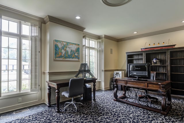 4204 89th St, Lubbock, TX 79423 - home office with baseboards, crown molding, and recessed lighting