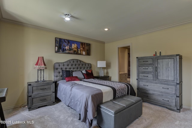 4204 89th St, Lubbock, TX 79423 - bedroom with crown molding, light carpet, baseboards, ensuite bathroom, and recessed lighting