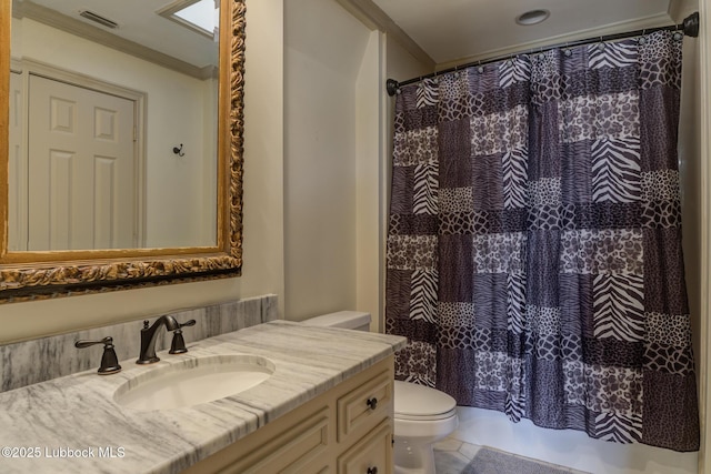 4204 89th St, Lubbock, TX 79423 - bathroom featuring toilet, vanity, ornamental molding, a shower with shower curtain, and tile patterned flooring