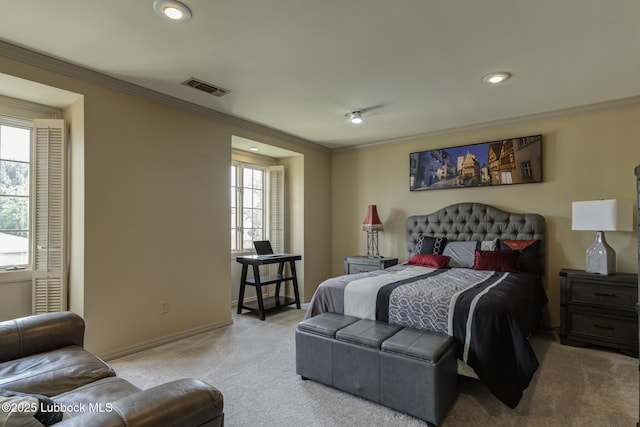 4204 89th St, Lubbock, TX 79423 - bedroom featuring ornamental molding, light carpet, multiple windows, baseboards, and recessed lighting
