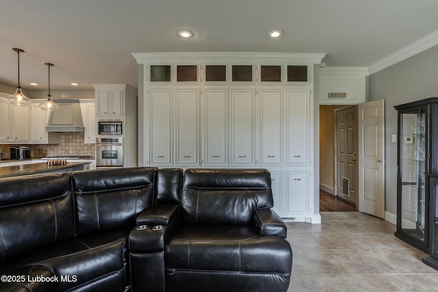 4204 89th St, Lubbock, TX 79423 - living area with crown molding, light tile patterned flooring, and recessed lighting