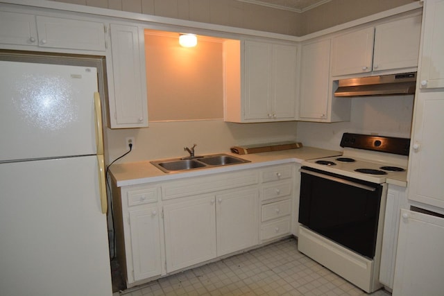 kitchen with white cabinetry, sink, and white appliances