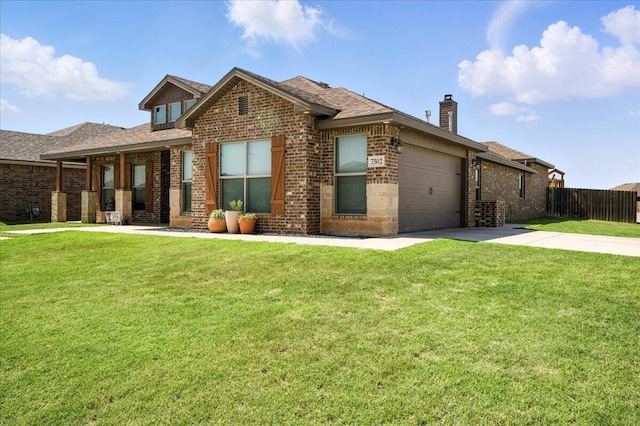 7502 103rd St, Lubbock, TX 79424 - view of front of home featuring driveway, brick siding, an attached garage, a chimney, and roof with shingles