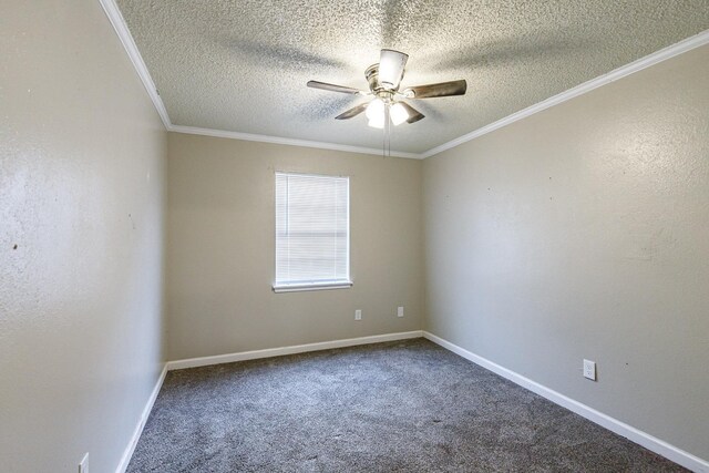 carpeted spare room featuring crown molding, a textured ceiling, and ceiling fan