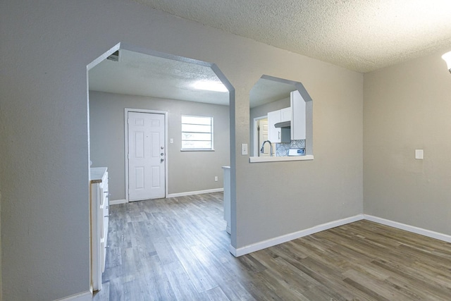 entryway with sink, hardwood / wood-style floors, and a textured ceiling