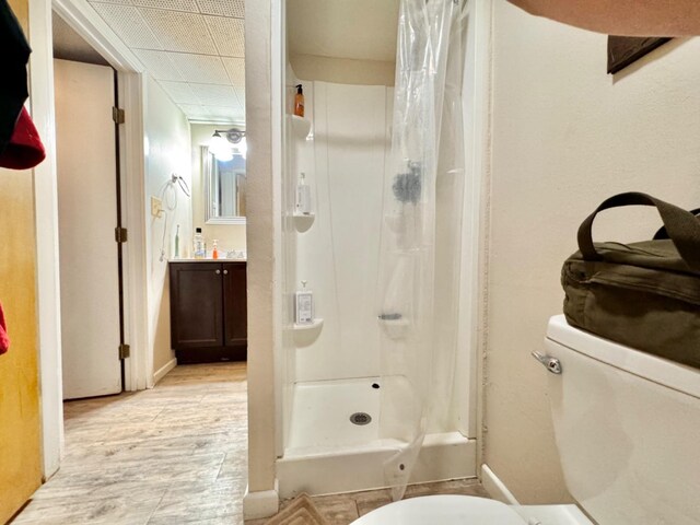 bathroom with vanity, hardwood / wood-style flooring, toilet, and a shower with shower curtain