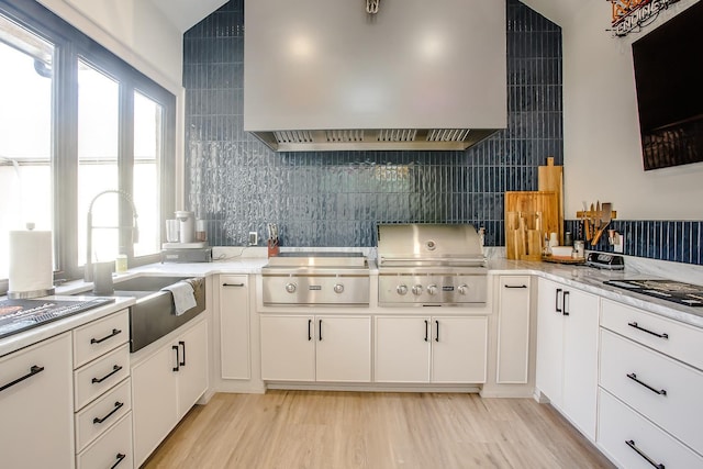 kitchen with premium range hood, sink, tasteful backsplash, and white cabinets