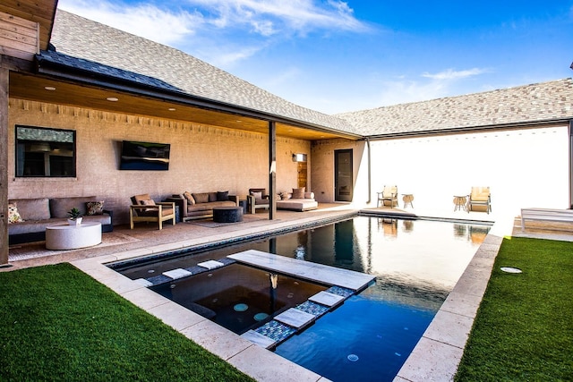 view of swimming pool with an outdoor hangout area, a patio, and an in ground hot tub