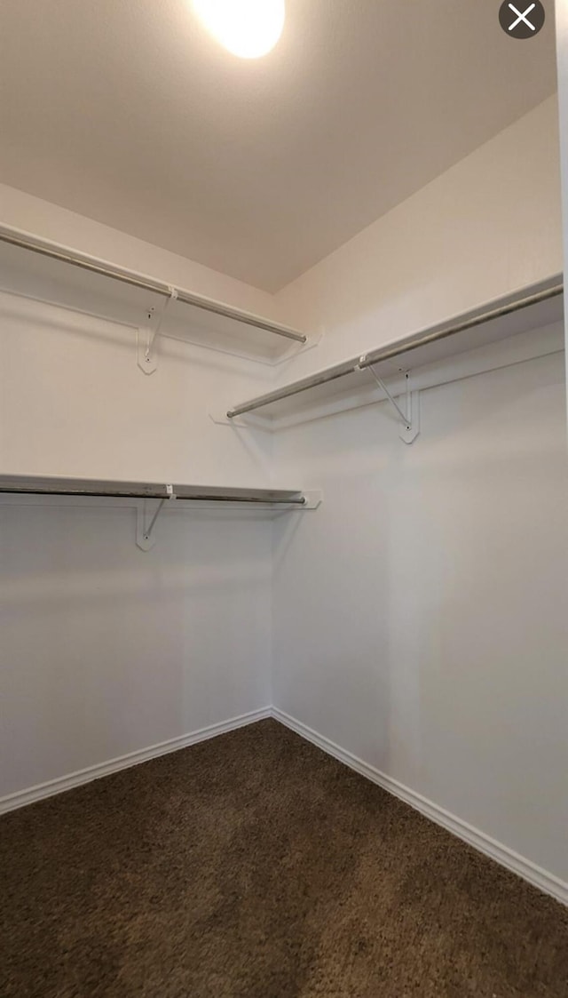 walk in closet featuring dark carpet