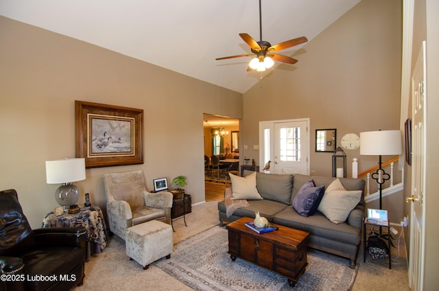 12220 Chicago Ave, Lubbock, TX 79424 - living area featuring carpet floors, ceiling fan, high vaulted ceiling, and a chandelier