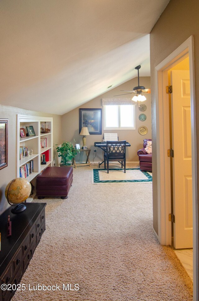 12220 Chicago Ave, Lubbock, TX 79424 - living room with lofted ceiling, carpet floors, built in shelves, and ceiling fan