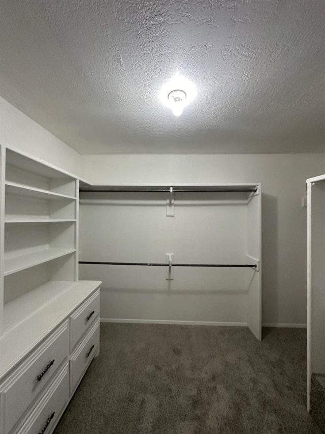 walk in closet with dark carpet