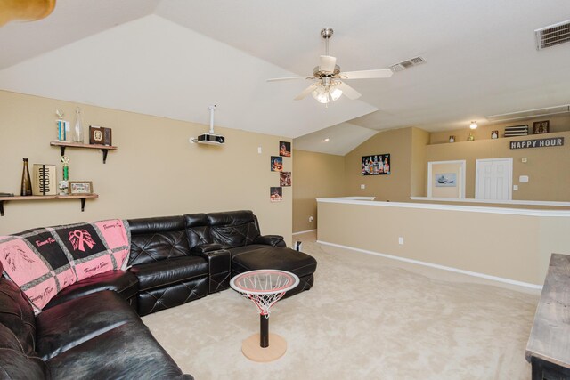 4906 Grinnell St, Lubbock, TX 79416 - living room featuring vaulted ceiling, ceiling fan, carpet, and baseboards