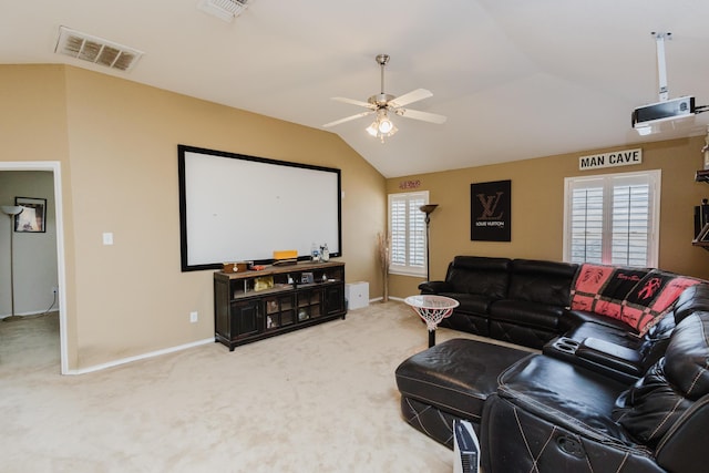 4906 Grinnell St, Lubbock, TX 79416 - cinema room with lofted ceiling, ceiling fan, carpet flooring, and baseboards