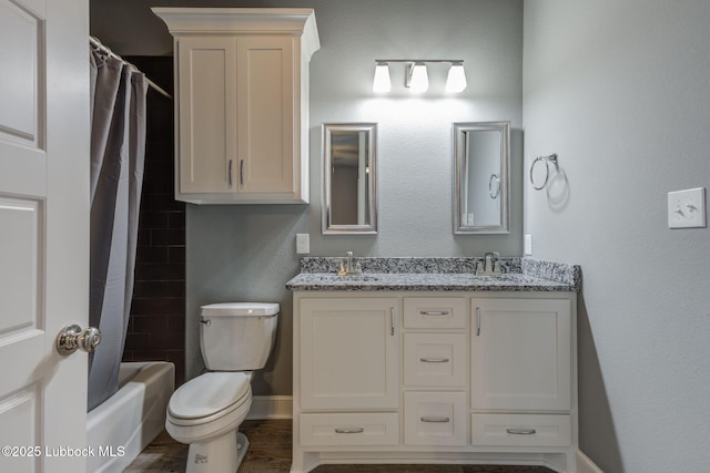 136 Preston Hollow Ln, Wolfforth, TX 79382 - bathroom with double vanity, shower / tub combo, and wood finished floors