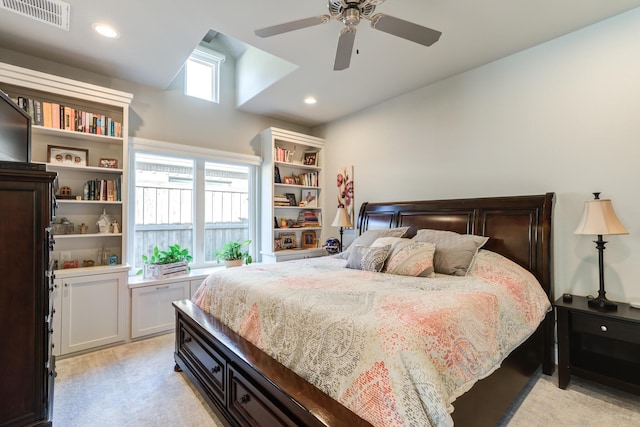 carpeted bedroom with ceiling fan