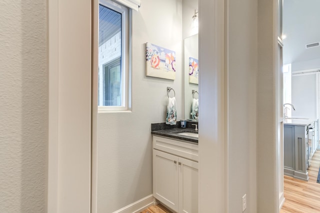 bathroom with hardwood / wood-style flooring and vanity