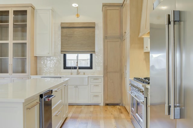 kitchen featuring a sink, light wood-style floors, light countertops, tasteful backsplash, and high end appliances