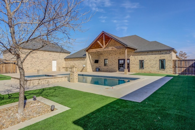 view of swimming pool featuring a fenced backyard, a patio, a fenced in pool, and an in ground hot tub