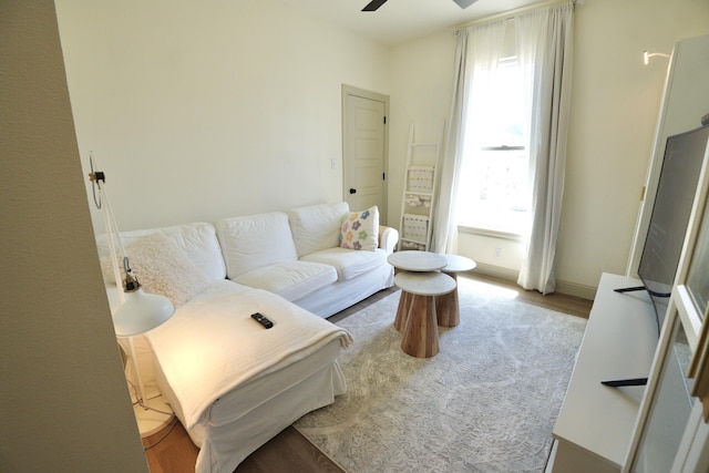living area featuring a ceiling fan