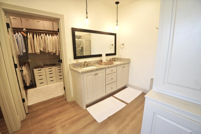 full bathroom featuring a sink, double vanity, a stall shower, wood finished floors, and a walk in closet