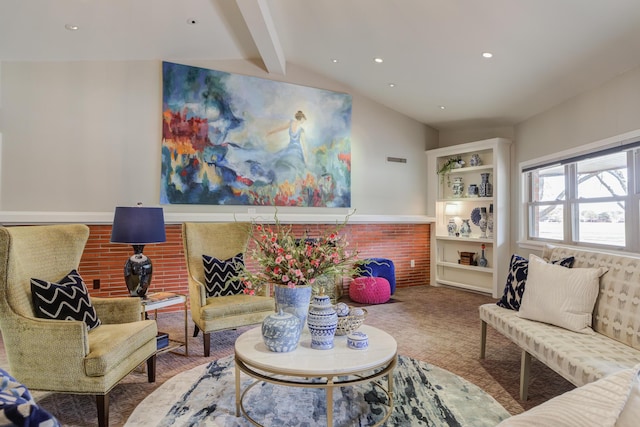 carpeted living area with recessed lighting and vaulted ceiling with beams