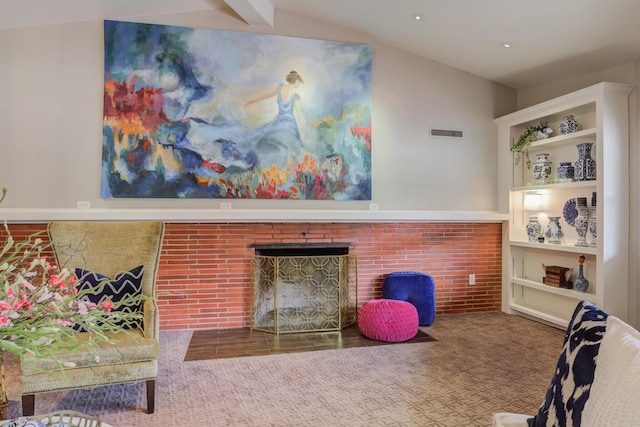 interior space featuring a brick fireplace, recessed lighting, and visible vents