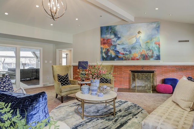 carpeted living room featuring recessed lighting, an inviting chandelier, vaulted ceiling with beams, and visible vents