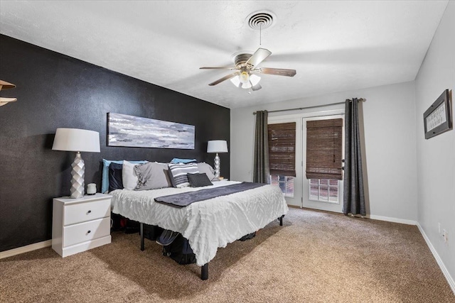 carpeted bedroom with access to exterior and ceiling fan