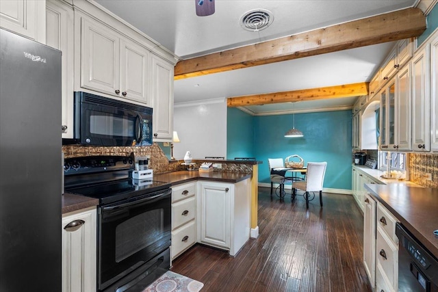 kitchen featuring white cabinetry, beamed ceiling, dark wood-type flooring, and black appliances