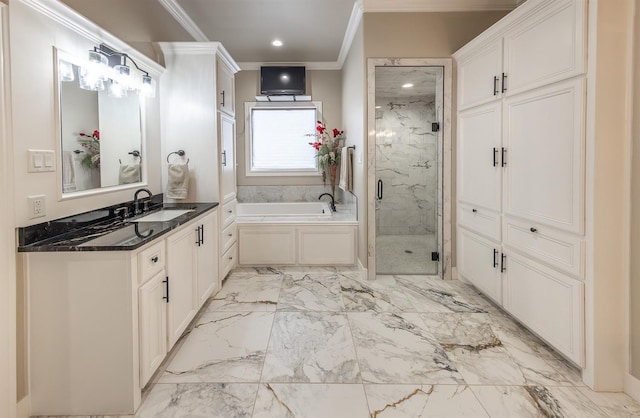 bathroom featuring a marble finish shower, marble finish floor, crown molding, vanity, and a bath