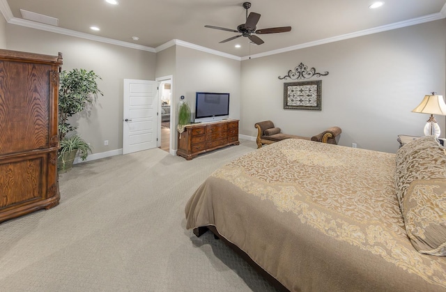 bedroom with light carpet, ornamental molding, baseboards, and recessed lighting