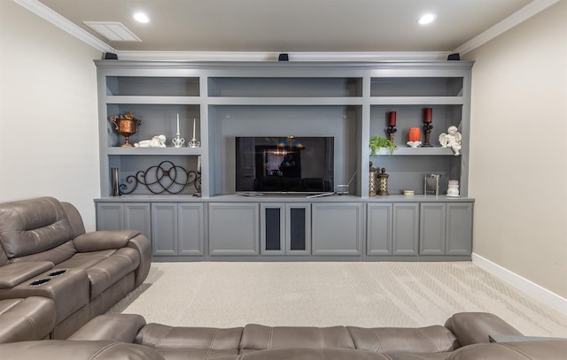 living area featuring crown molding, recessed lighting, visible vents, carpet flooring, and baseboards