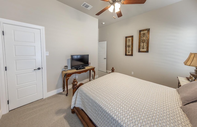 bedroom with baseboards, visible vents, ceiling fan, and light colored carpet