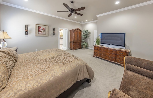 carpeted bedroom featuring ornamental molding, recessed lighting, baseboards, and a ceiling fan