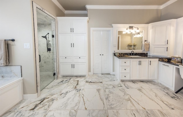 full bath featuring vanity, baseboards, marble finish floor, ornamental molding, and a marble finish shower