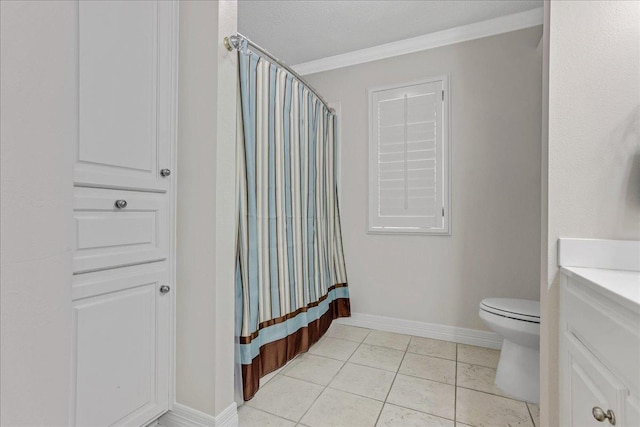 bathroom featuring crown molding, a shower with shower curtain, vanity, tile patterned floors, and toilet