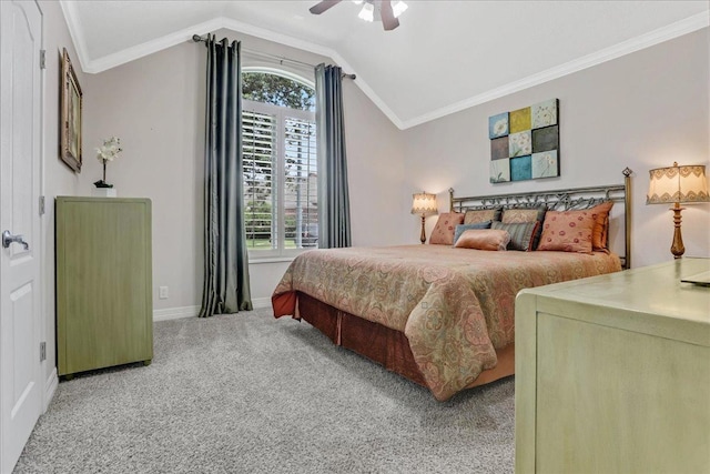 bedroom with multiple windows, crown molding, lofted ceiling, and carpet flooring