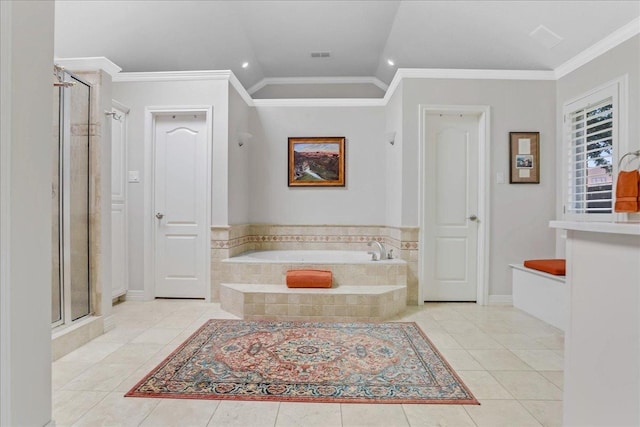 bathroom with ornamental molding, separate shower and tub, and tile patterned flooring