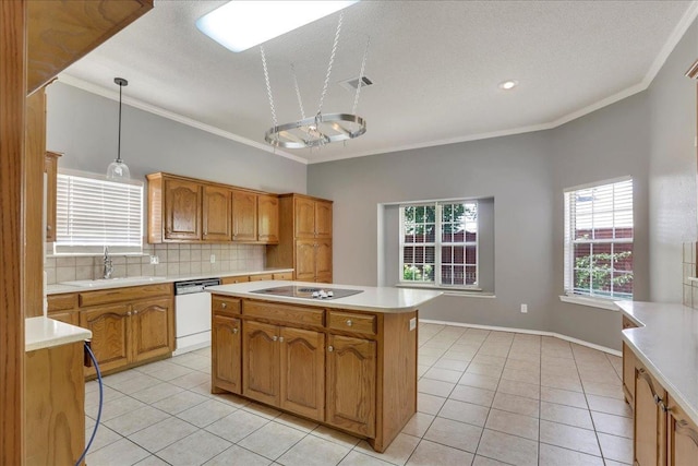 kitchen with sink, decorative light fixtures, a center island, dishwasher, and black electric stovetop