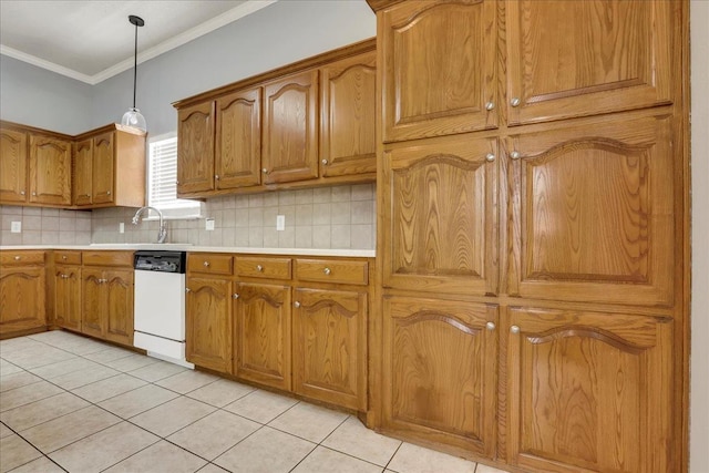 kitchen with crown molding, hanging light fixtures, backsplash, white dishwasher, and light tile patterned flooring