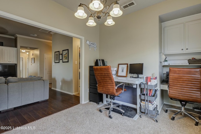 1310 Yorkshire Ave, Wolfforth, TX 79382 - office space with visible vents, baseboards, crown molding, and a chandelier