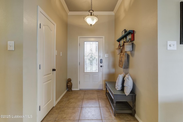 1310 Yorkshire Ave, Wolfforth, TX 79382 - doorway to outside with light tile patterned floors, baseboards, and ornamental molding
