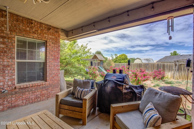 1310 Yorkshire Ave, Wolfforth, TX 79382 - exterior space with a playground, area for grilling, a fenced backyard, and a patio area