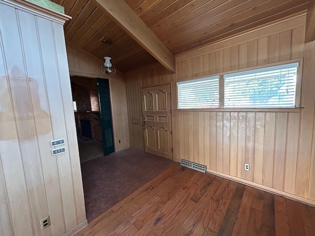 empty room with hardwood / wood-style floors, wooden ceiling, beamed ceiling, and wood walls