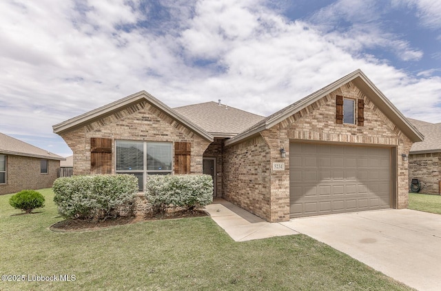 5234 Jarvis St, Lubbock, TX 79416 - view of front of house featuring concrete driveway, a front lawn, a garage, brick siding, and roof with shingles