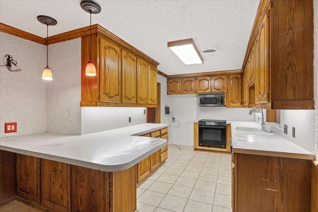 kitchen featuring pendant lighting, ceiling fan, ornamental molding, light colored carpet, and kitchen peninsula